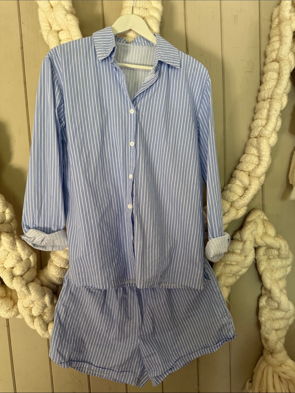 Women’s Cute Set of Blue Striped Button-Up Shirt with Shorts. 100% Cotton.Size M